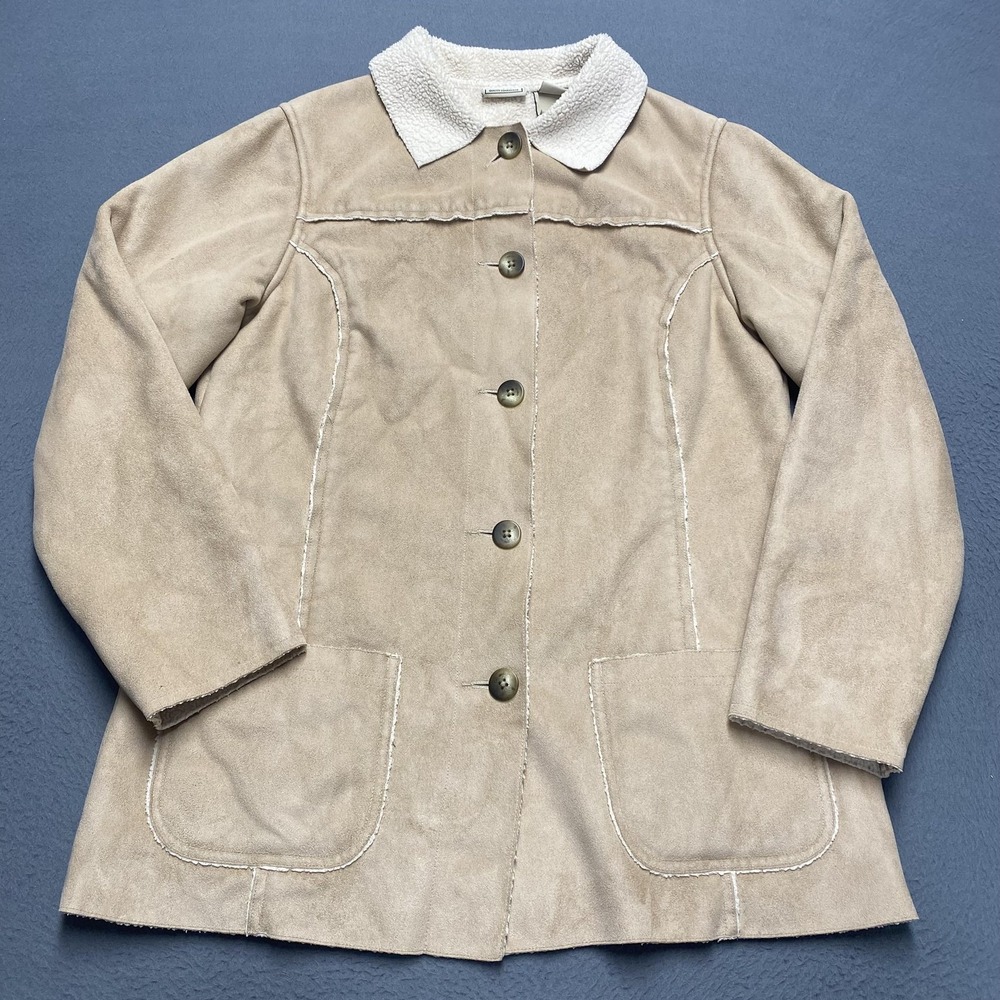 LL Bean Jacket‎ Womens Small Tan Faux Suede Sherpa Fleece Lined Long Coat